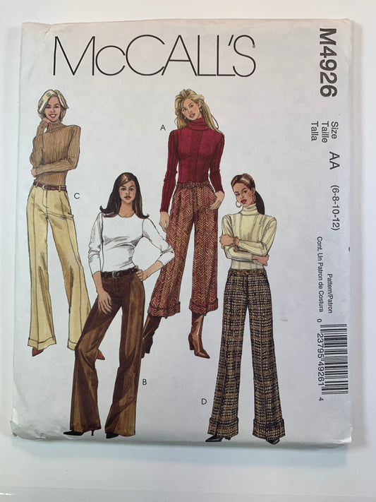 McCall's M4926 Misses'/Miss Petite Pants, Size 6-12, Uncut, 2005
