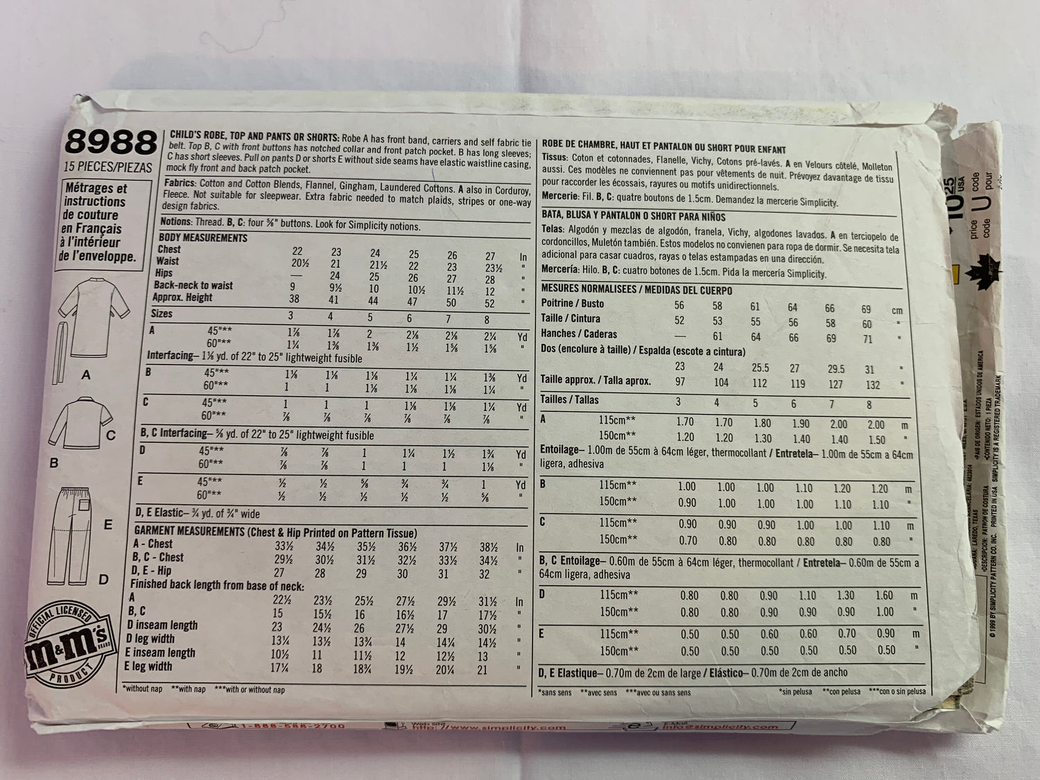 Simplicity Sewing Pattern 8988 Boy's/Girls' Robe, Top, Pants, Shorts, Size 3-8, Cut, Vintage 1999