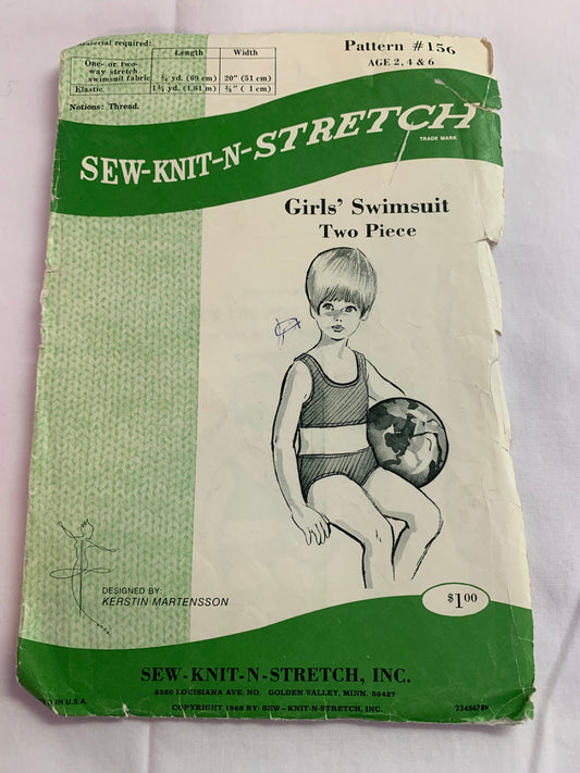 Sew-Knit-N-Stretch Sewing Pattern 156, Girls' Swimsuit, Bikini, Bathing Suit, Two Piece, Size 2-6, Uncut, Vintage 1968