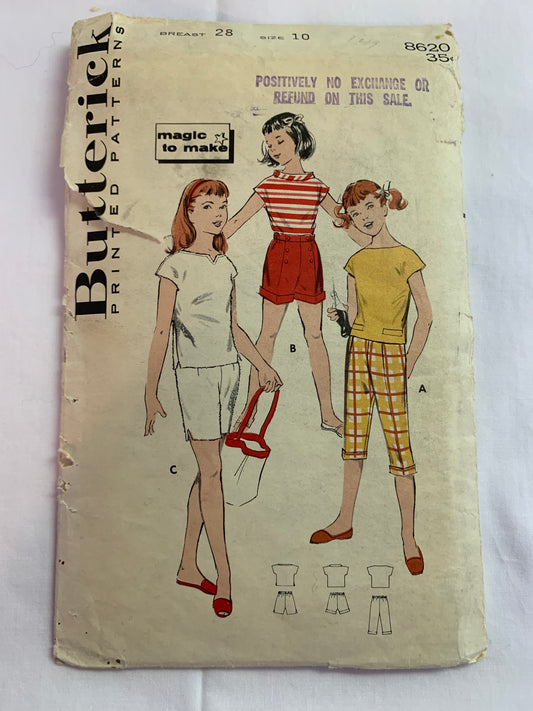 Butterick Sewing Pattern 8620 Girls' Blouse, Shorts,Pedal Pushers, Capri Pants, Loose-Fitting, Short Sleeves, Elastic Waist, Pockets, Size 10, Cut, Vintage 1950