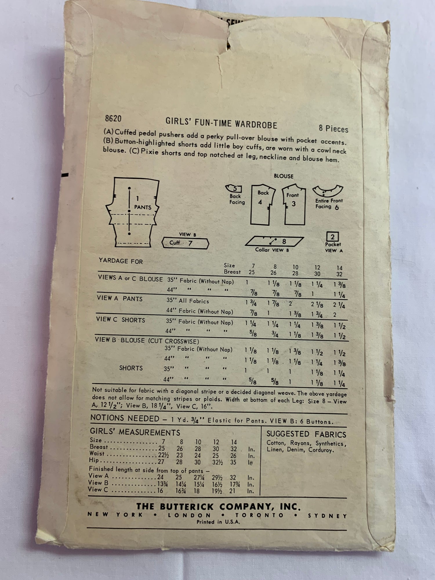 Butterick Sewing Pattern 8620 Girls' Blouse, Shorts,Pedal Pushers, Cap –  grammasbestbynancy