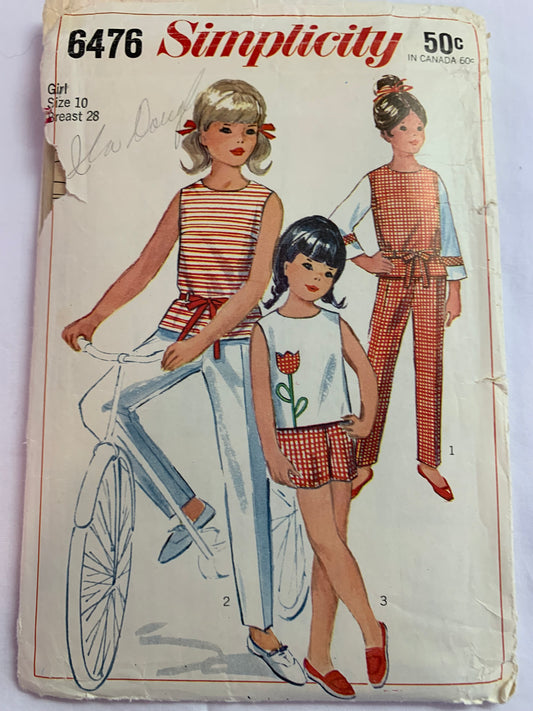 Simplicity Sewing Pattern 6476 Girls' Top, Overblouse, Pants, Shorts,Tie Belt, Sleeveless, Side Zipper, Size 10, Cut, Vintage 1960