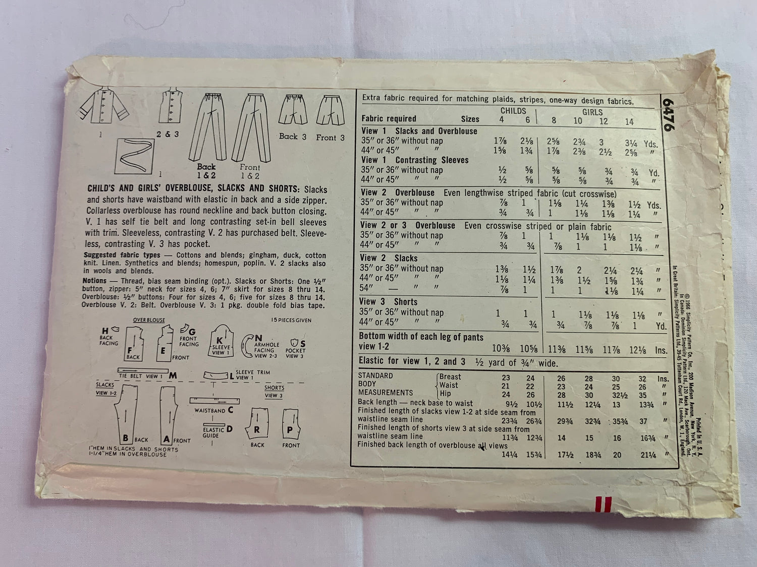 Simplicity Sewing Pattern 6476 Girls' Top, Overblouse, Pants, Shorts,Tie Belt, Sleeveless, Side Zipper, Size 10, Cut, Vintage 1960
