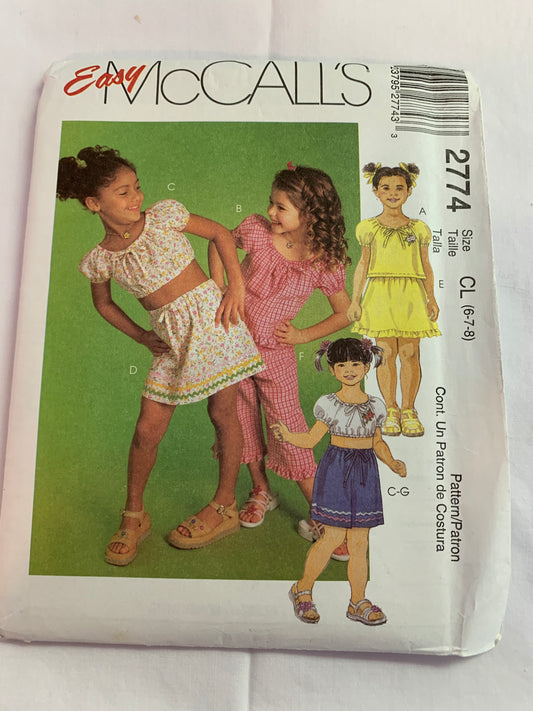 McCall's Sewing Pattern 2774 Children's/Girls' Top, Skirt, Capri Pants, Shorts, Short Puff Sleeves, Pull-On, Elastic Waist, Two Lengths, Size 6-8, Uncut, 2000
