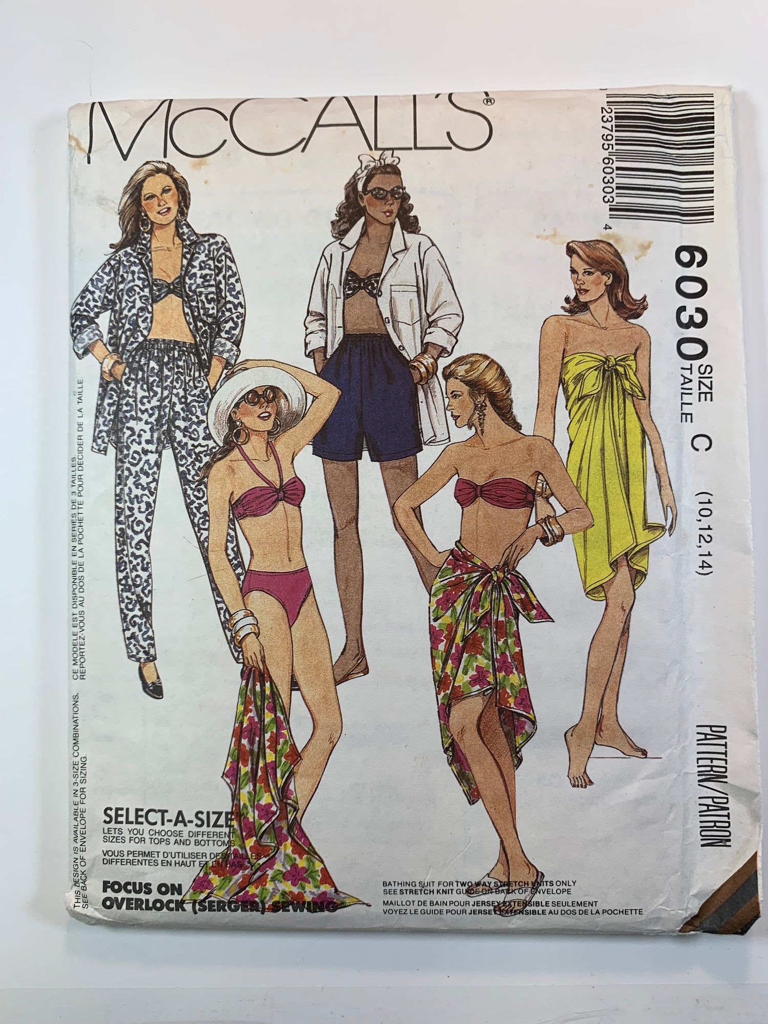 McCall's 6030 Misses' Bikini, Two-Piece Bathing Suits, Pareo, Wrap, Bra, Uncut, Size 10-14, Vintage 1992