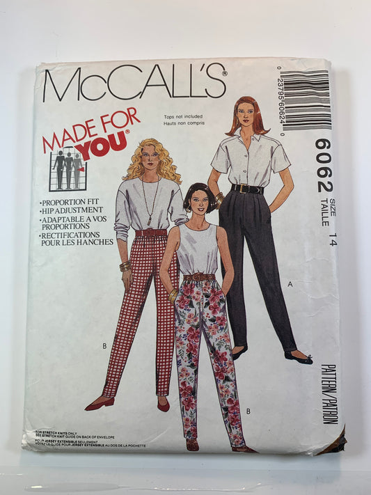 McCall's 6062 Misses' Pants, Size 14, Uncut, Vintage 1992