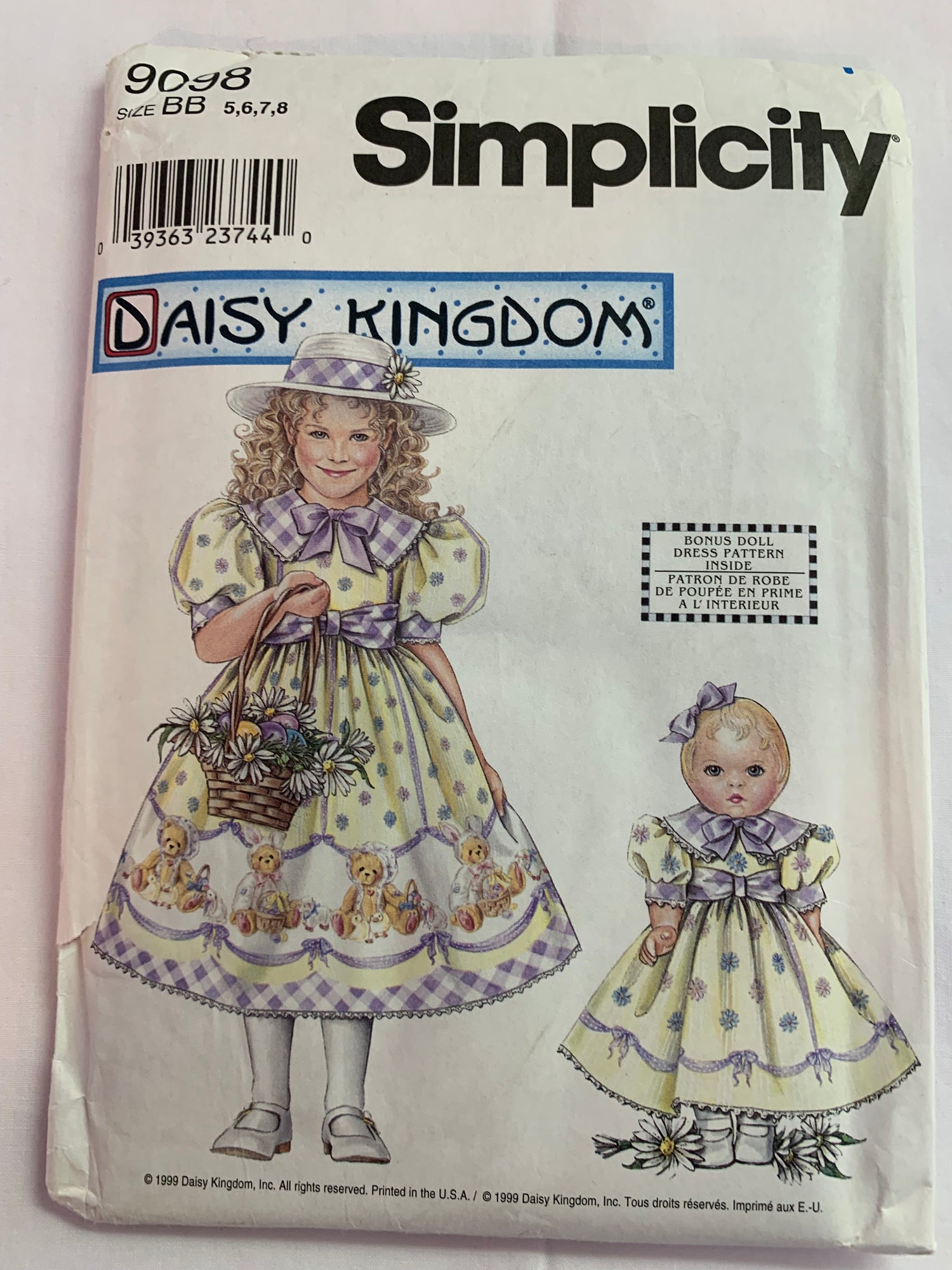 Simplicity Sewing Pattern 90984 Girls' Dress, Doll Dress 18", Zipper Back, Tie Back, Short Sleeves, Collar, Flared, Size 5-8, Uncut, Vintage 1998