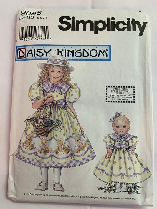 Simplicity Sewing Pattern 90984 Girls' Dress, Doll Dress 18", Zipper Back, Tie Back, Short Sleeves, Collar, Flared, Size 5-8, Uncut, Vintage 1998