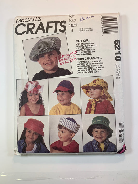 McCall's 6210 Children's Hats, Baseball, Sailor, Bush, Sun, Size S-L, Cut, Vintage 1996