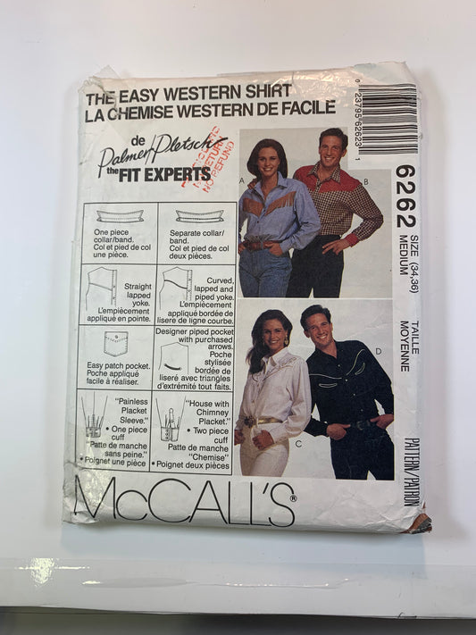 McCall's 6262 Misses' Men's Western Shirts, Size 34-36, Cut, Vintage 1992