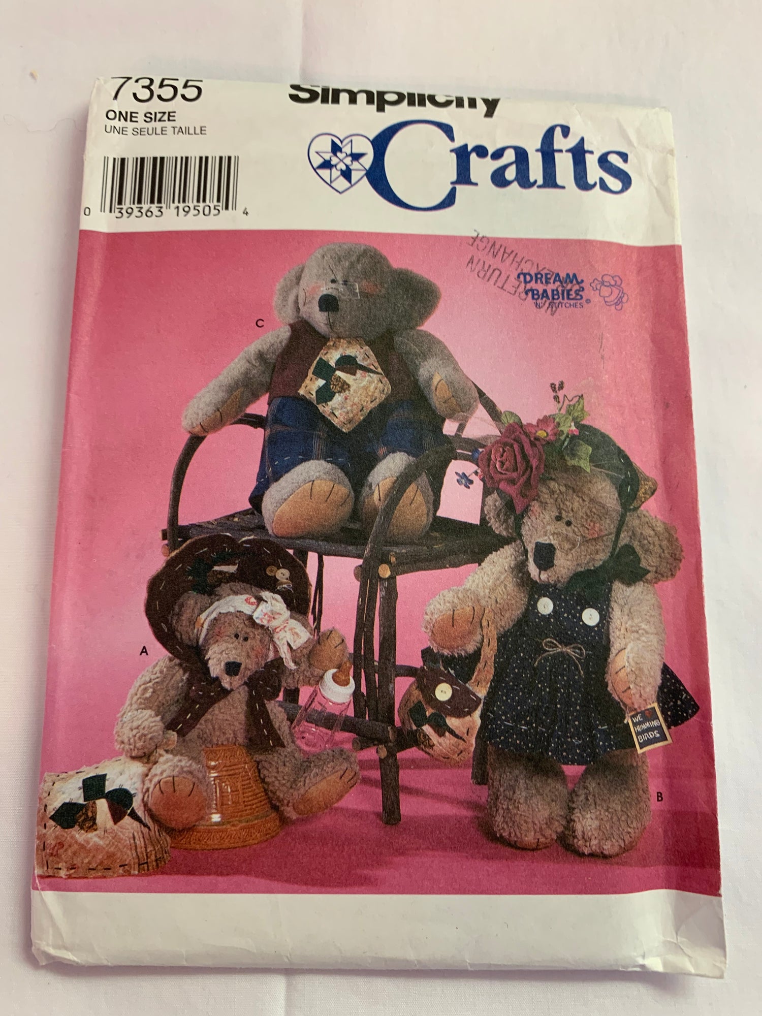 Simplicity Craft Sewing Pattern 7355 Bear Clothes For 22" and 14" Bears, Apron, Bonnet, Pants, Bow, Uncut, Vintage 1996