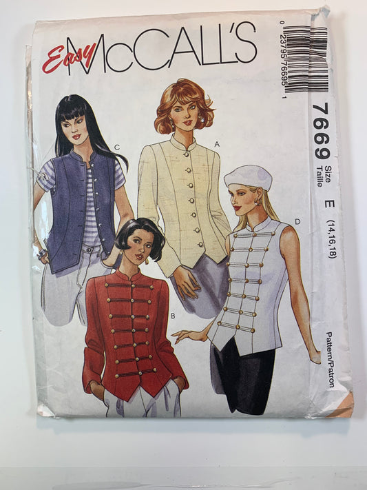 McCall's 7669 Misses' Unlined Jacket, Unlined Vest, Size 14-16, Cut, Vintage 1995