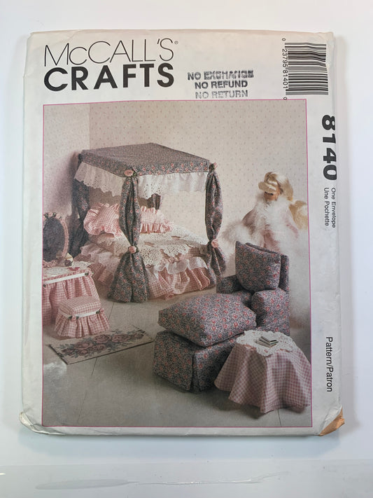 McCall's 8140 Fashion Dolls, Crafts, Doll Furniture For 11-12 Inch Doll, Sofa, Chair, Dressing Table, Tablecloth, Canopy, Barbie Furniture, Uncut, Vintage 1995