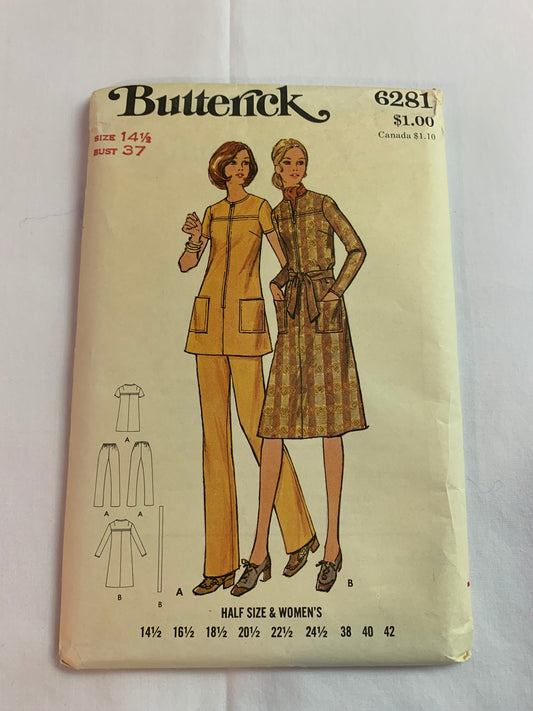 Butterick Sewing Pattern 6281 Misses' Pants, Tunic, Dress, Belt, Half Size, Semi-Fitted, Long/Short Sleeves, Elastic Waist, Size 14 1/2, Cut, Vintage 1970