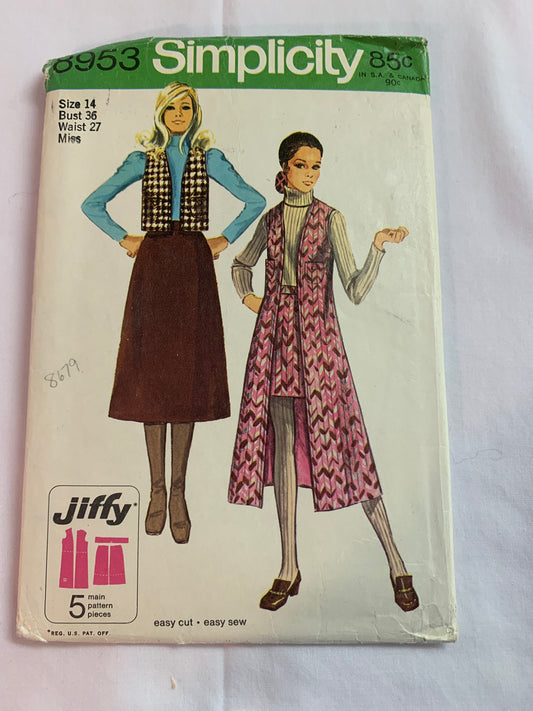 Simplicity Jiffy Sewing Pattern 8953 Misses' Vest, Skirt, Two Lengths, Mini Skirt, Pockets, Size 14, CutVintage 1970