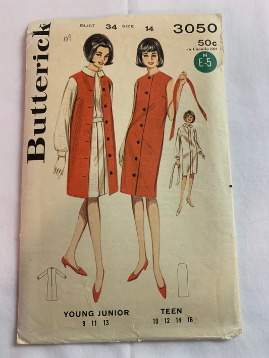 Butterick Sewing Pattern 3050 Misses'/Teen Dress, Coat, Johnny Collar, Long Sleeves, Button Front, Tie Belt, Size 14, Cut, Vintage 1960