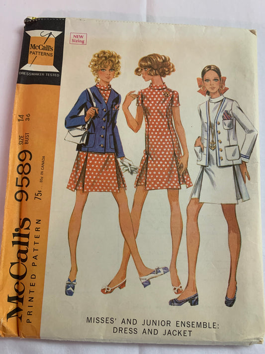McCall's Sewing Pattern 9589 Misses'/Junior Jacket, Dress, 3 Variations, Long/Short Sleeves, Button Front,, Size 14, Uncut, Vintage 1968