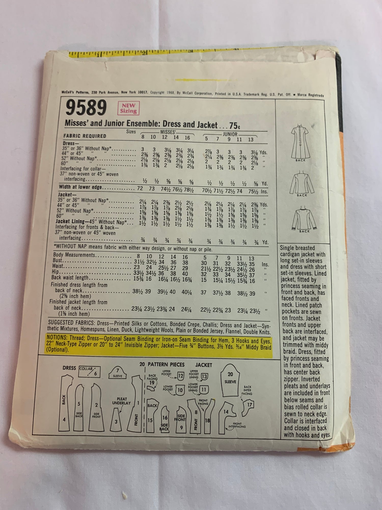 McCall's Sewing Pattern 9589 Misses'/Junior Jacket, Dress, 3 Variations, Long/Short Sleeves, Button Front,, Size 14, Uncut, Vintage 1968