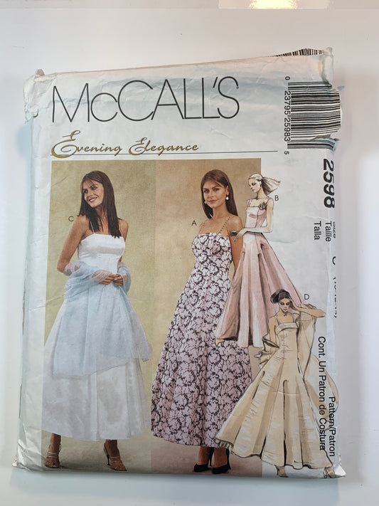 McCall's 2598 Misses' Lined Gowns, Dress, Crinoline, Stole, Size 10-14, Cut, 2000