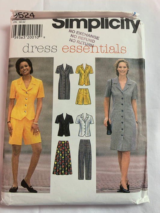 Simplicity Sewing Pattern 7524 Misses'/Misses' Petite Dress, Skirt, Top, Pants, Shorts, Princess Seams, Zipper Back, Flared, Button Front, Size 20-24, Uncut, Vintage 1999