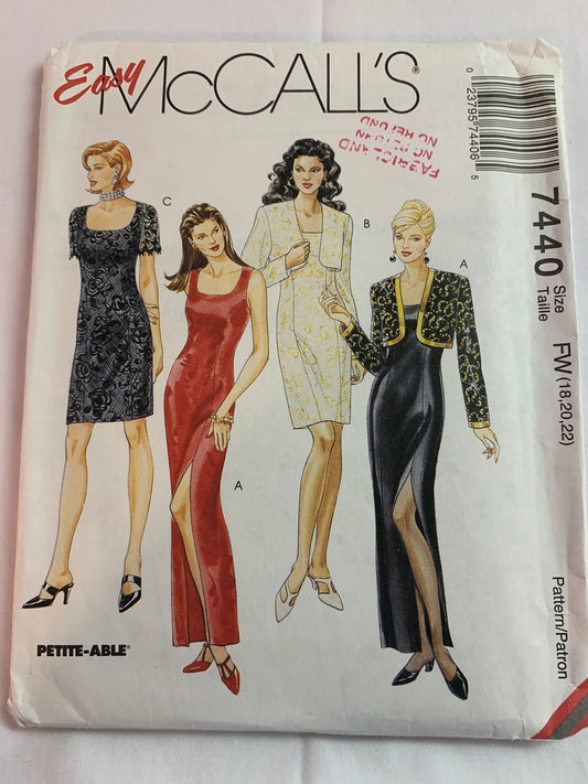 McCall's Sewing Pattern 7440 Misses' Dress, Lined Bolero, Two Lengths, Sleeveless, Short/Long Sleeves, Lace Overlay, Princess Seams, Size 10-14, Cut, Vintage 1995