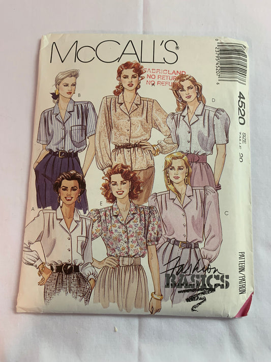 McCall's Sewing Pattern 4520 Misses' Blouse, Long/Short Sleeves, Shirts, Button Front, Pleats, Pocket, Shoulder Pads, Size 20, Uncut, Vintage 1989
