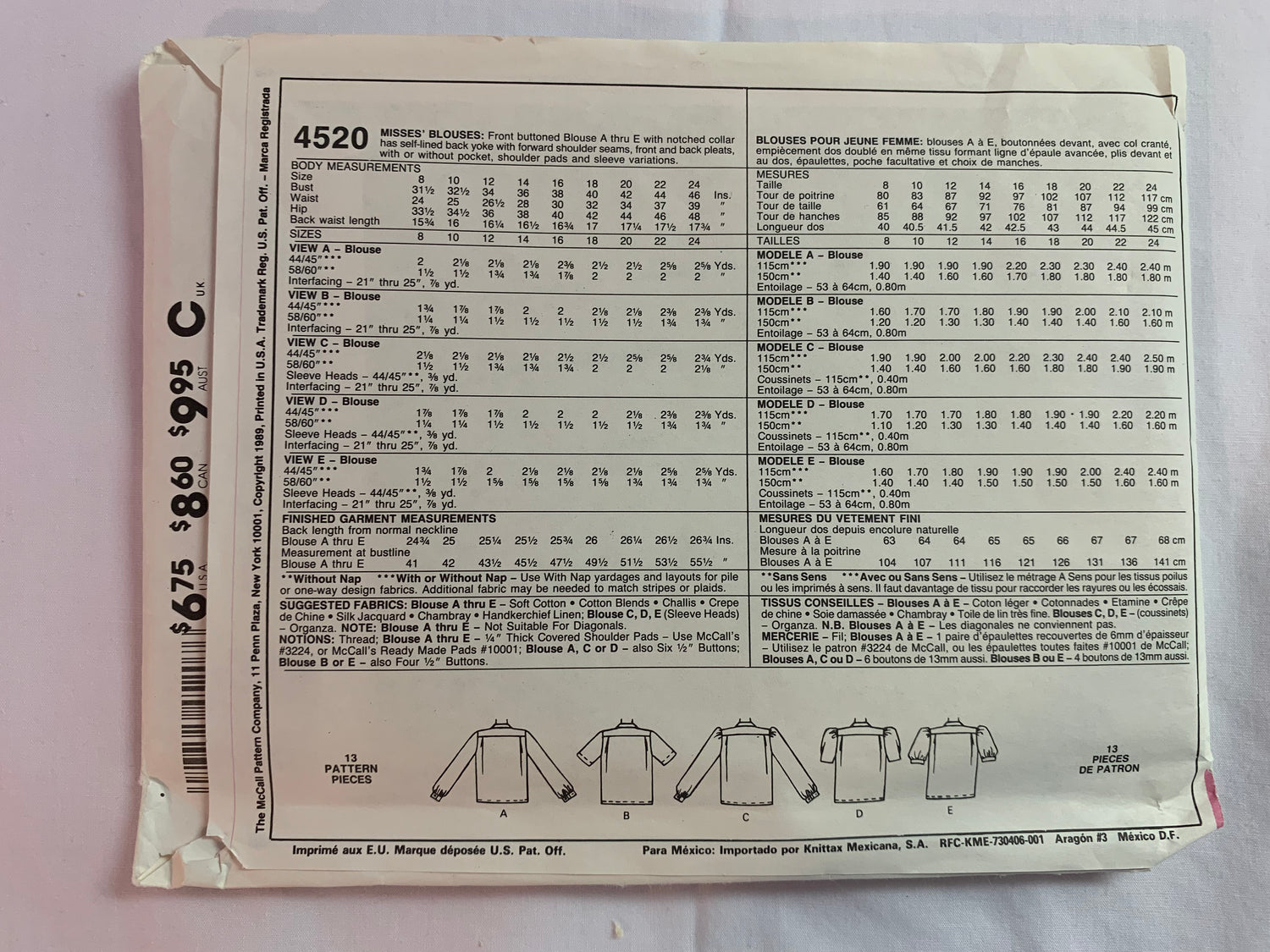 McCall's Sewing Pattern 4520 Misses' Blouse, Long/Short Sleeves, Shirts, Button Front, Pleats, Pocket, Shoulder Pads, Size 20, Uncut, Vintage 1989