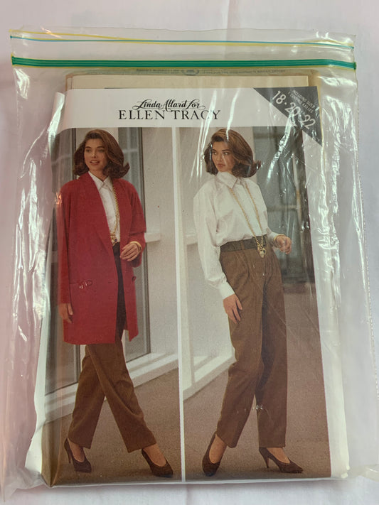 Butterick Sewing Pattern 5110 Misses' Unlined Coat, Pants, Shirt, Long Sleeves, Shoulder Pads, Size 18-22, Uncut, Vintage 1994