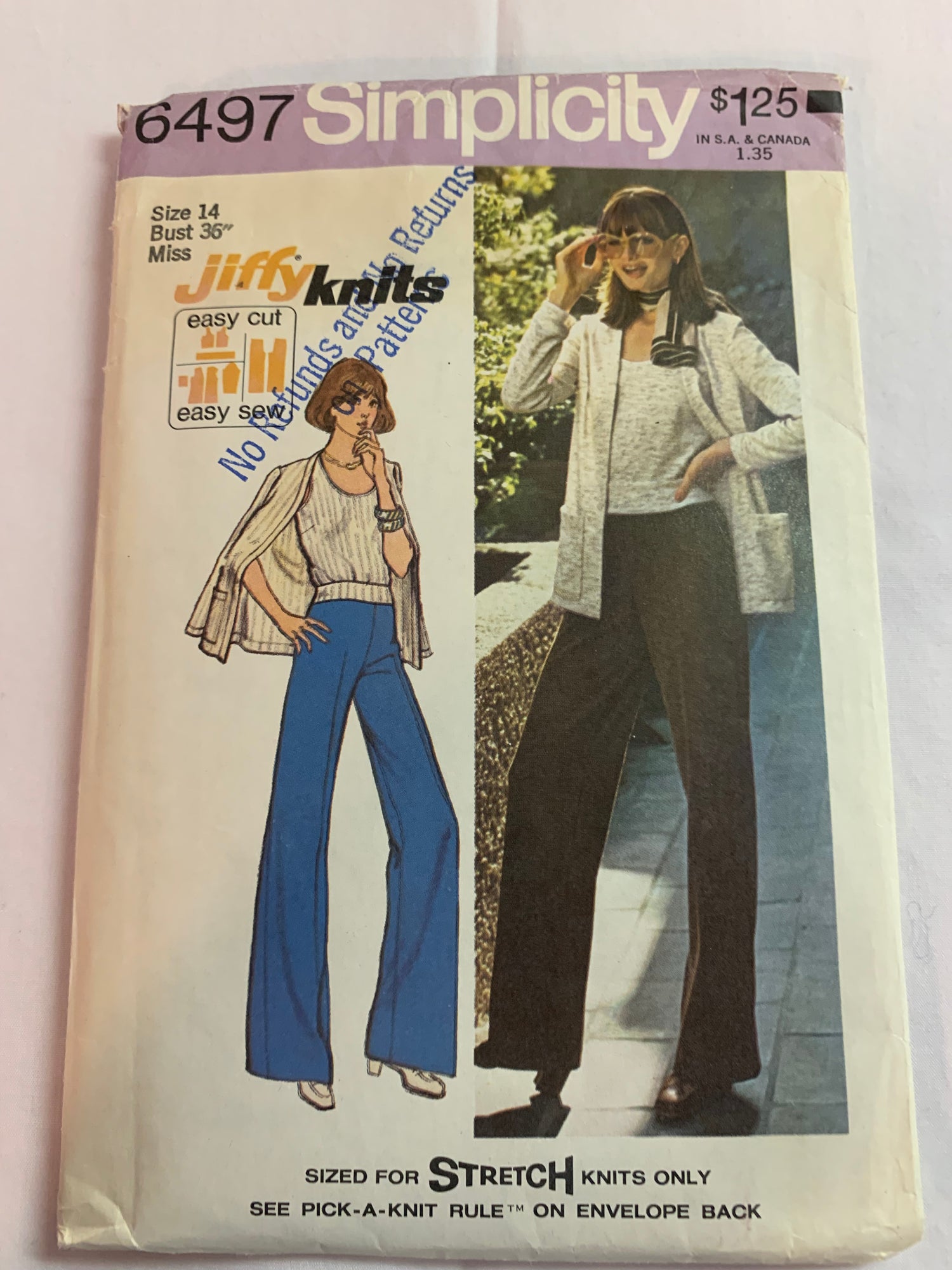 Simplicity Jiffy Sewing Pattern 6497 Misses' Top, Unlined Cardigan, Pants, Stretch Knits Only, Sleeveless, Long Sleeves, Size 14, Vintage 1974