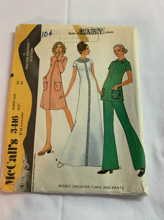 McCall's Sewing Pattern 3416 Misses' Dresses, Tunic, Pants, Long/Short Raglan Sleeves, Two Lengths, Elastic Waist, Size 14, Uncut, Vintage 1972