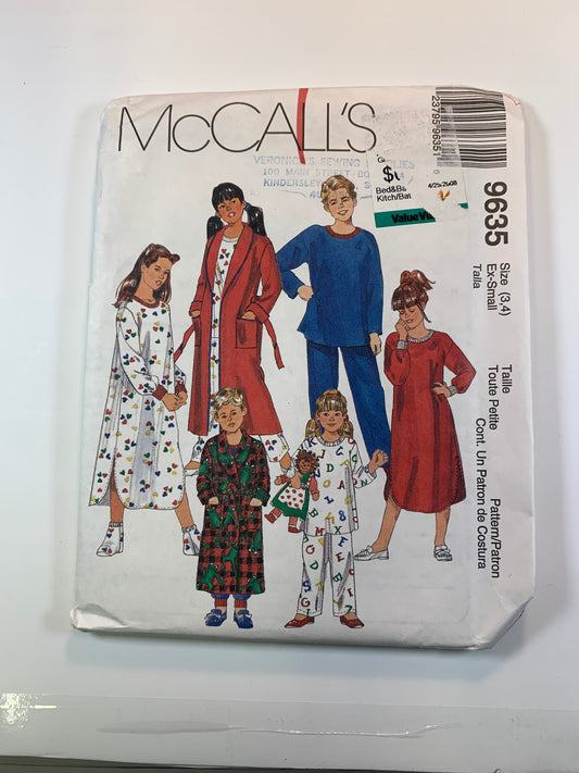 McCall's 9635 Boys' Girls' Robe, Tie Belt, Sleepwear, Pajamas, Top, Pants, Nightshirt, Booties, Size 3-4, Uncut, Vintage 1998