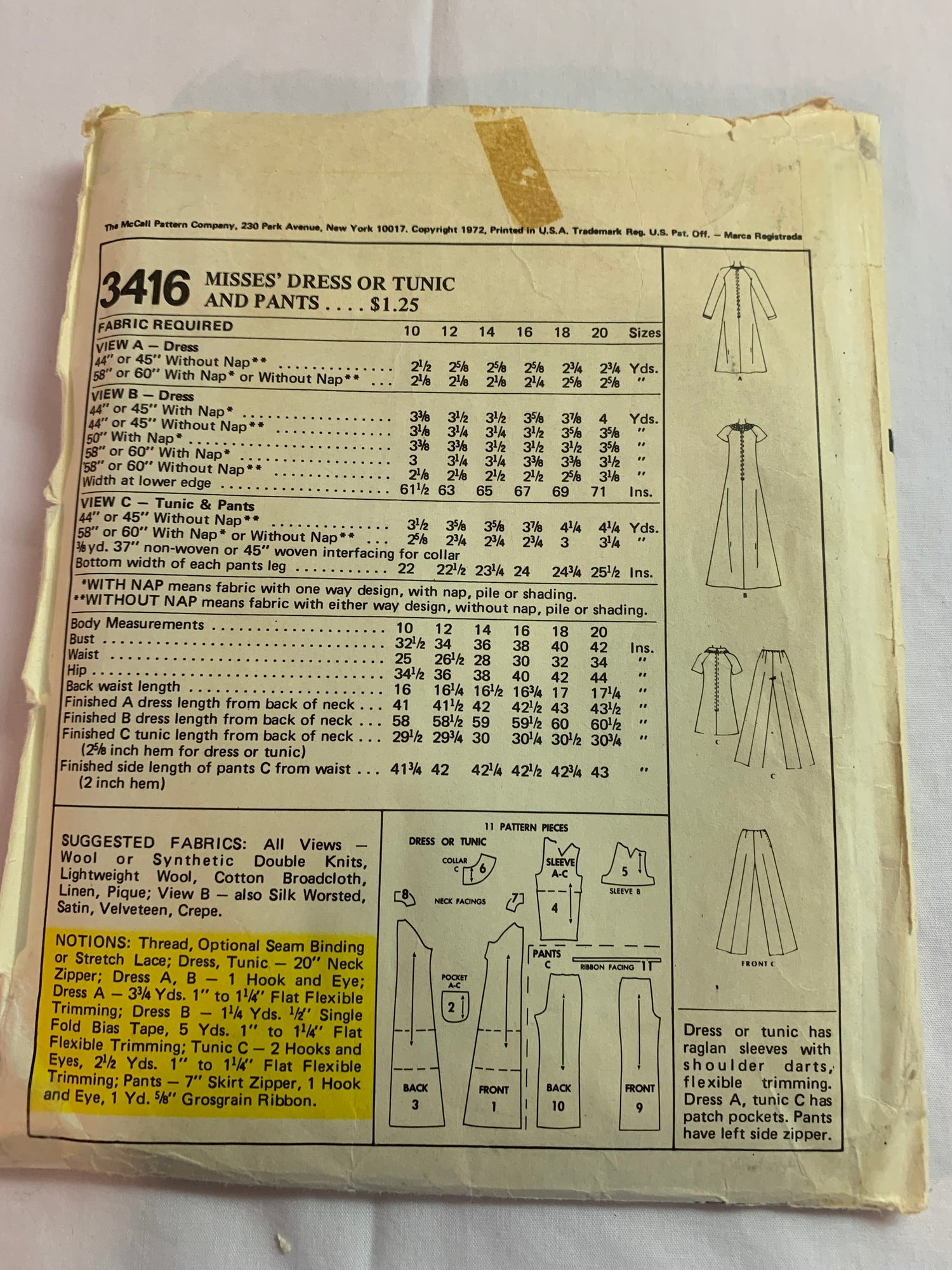 McCall's Sewing Pattern 3416 Misses' Dresses, Tunic, Pants, Long/Short Raglan Sleeves, Two Lengths, Elastic Waist, Size 14, Uncut, Vintage 1972