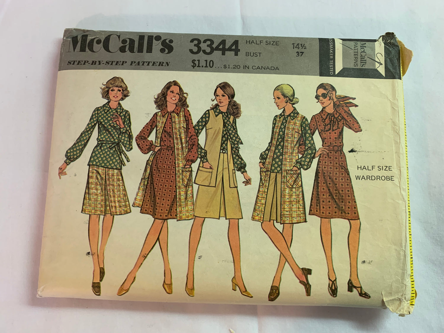 McCall's Sewing Pattern 3344 Misses' Dress, Blouse, Skirt, Vest, Tie Belt, Zipper Back, Half Size 14 1/2, Uncut, Vintage 1972