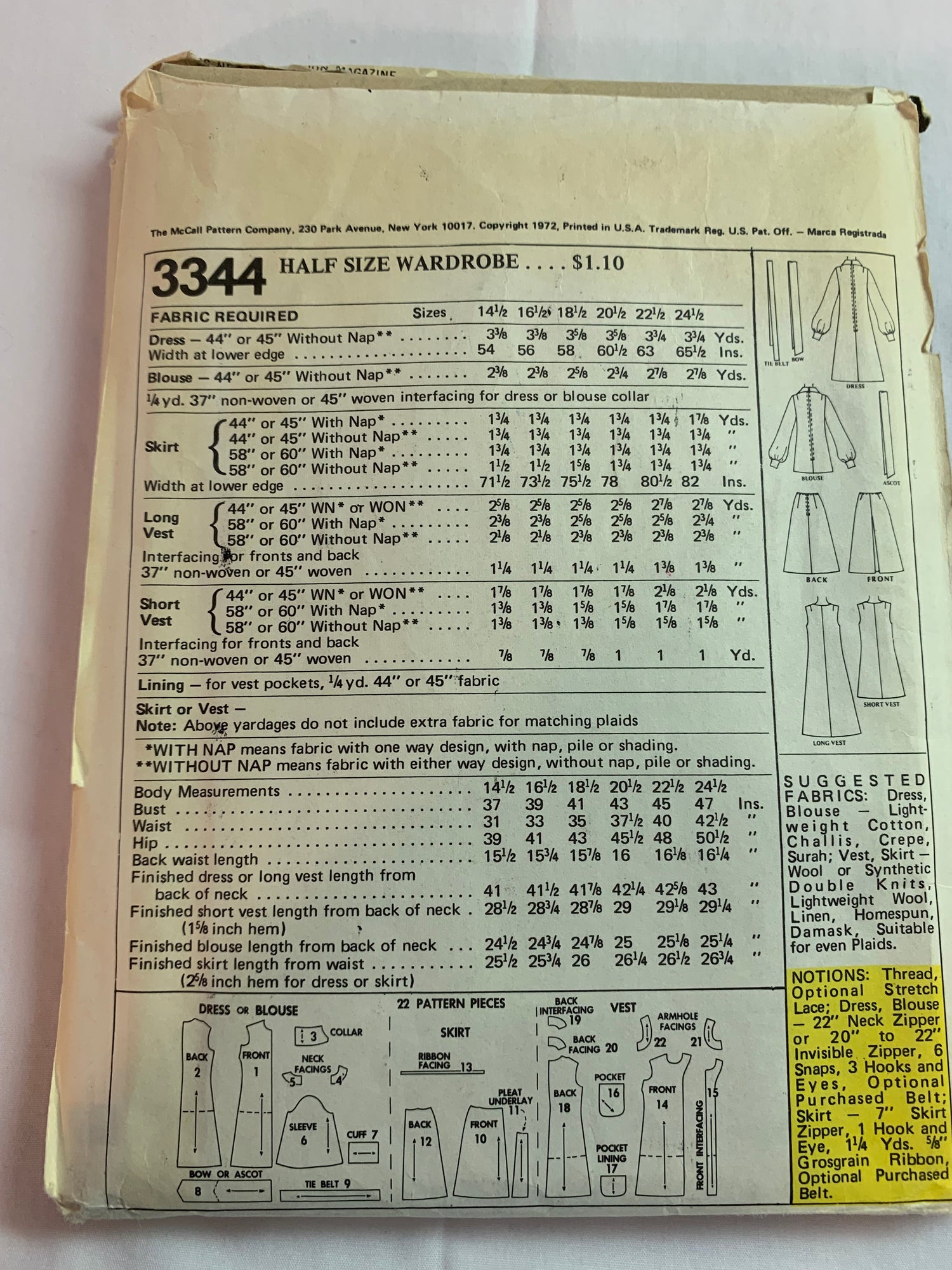 McCall's Sewing Pattern 3344 Misses' Dress, Blouse, Skirt, Vest, Tie Belt, Zipper Back, Half Size 14 1/2, Uncut, Vintage 1972