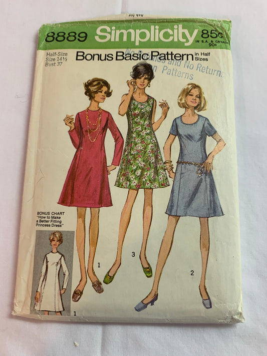 Simplicity Sewing Pattern 8889 Misses' Dress, Princess Seam, Two Necklines, Zipper Back, Long/Short Sleeves, Sleeveless, Half-Size 14 1/2, Cut, Vintage 1970