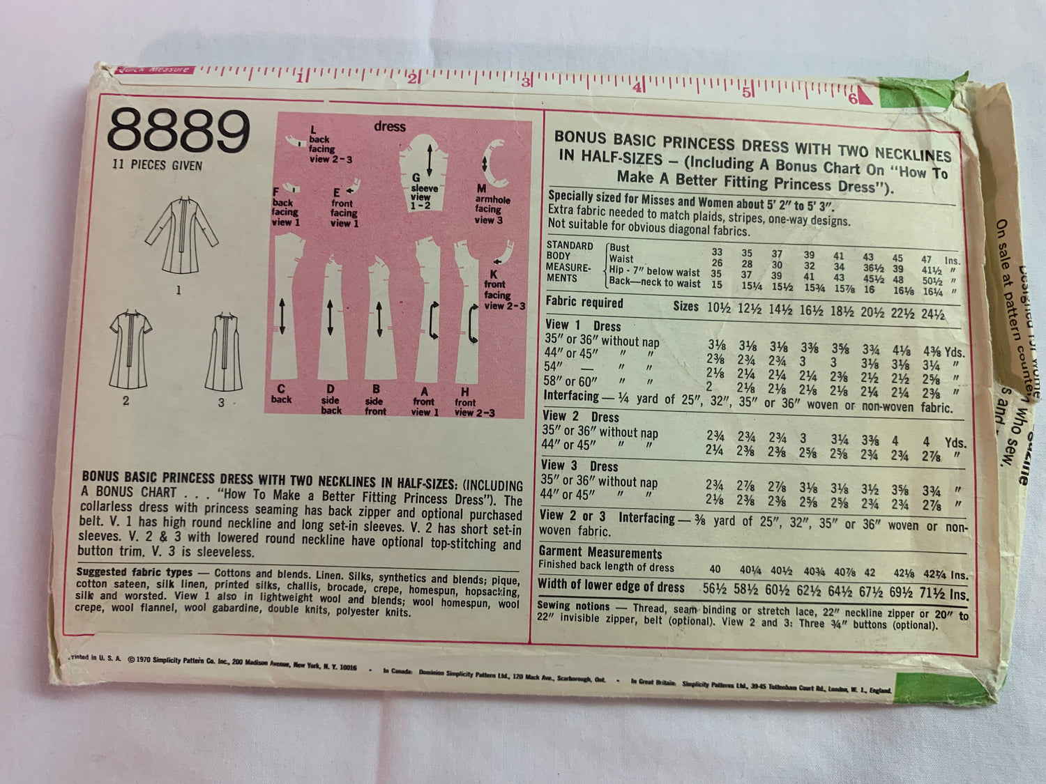 Simplicity Sewing Pattern 8889 Misses' Dress, Princess Seam, Two Necklines, Zipper Back, Long/Short Sleeves, Sleeveless, Half-Size 14 1/2, Cut, Vintage 1970