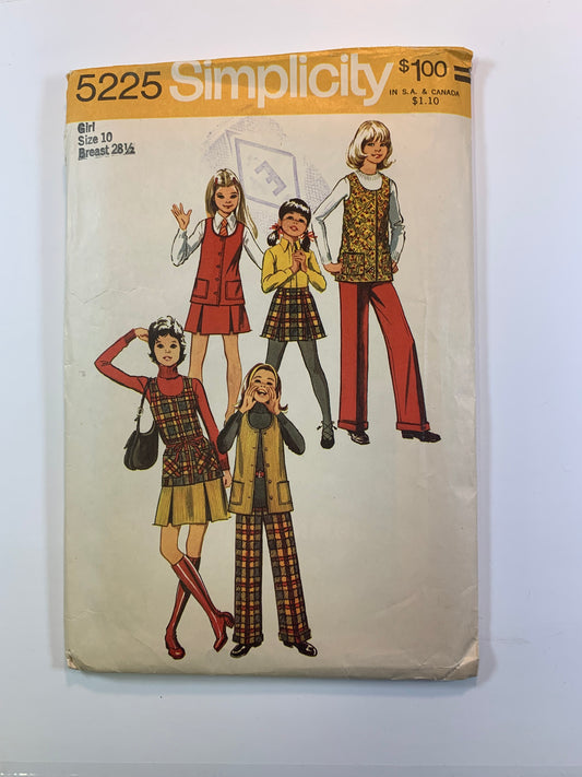 Simplicity 5225 Girls' Vest, Pants, Skirt, Size 10, Uncut, Vintage 1972