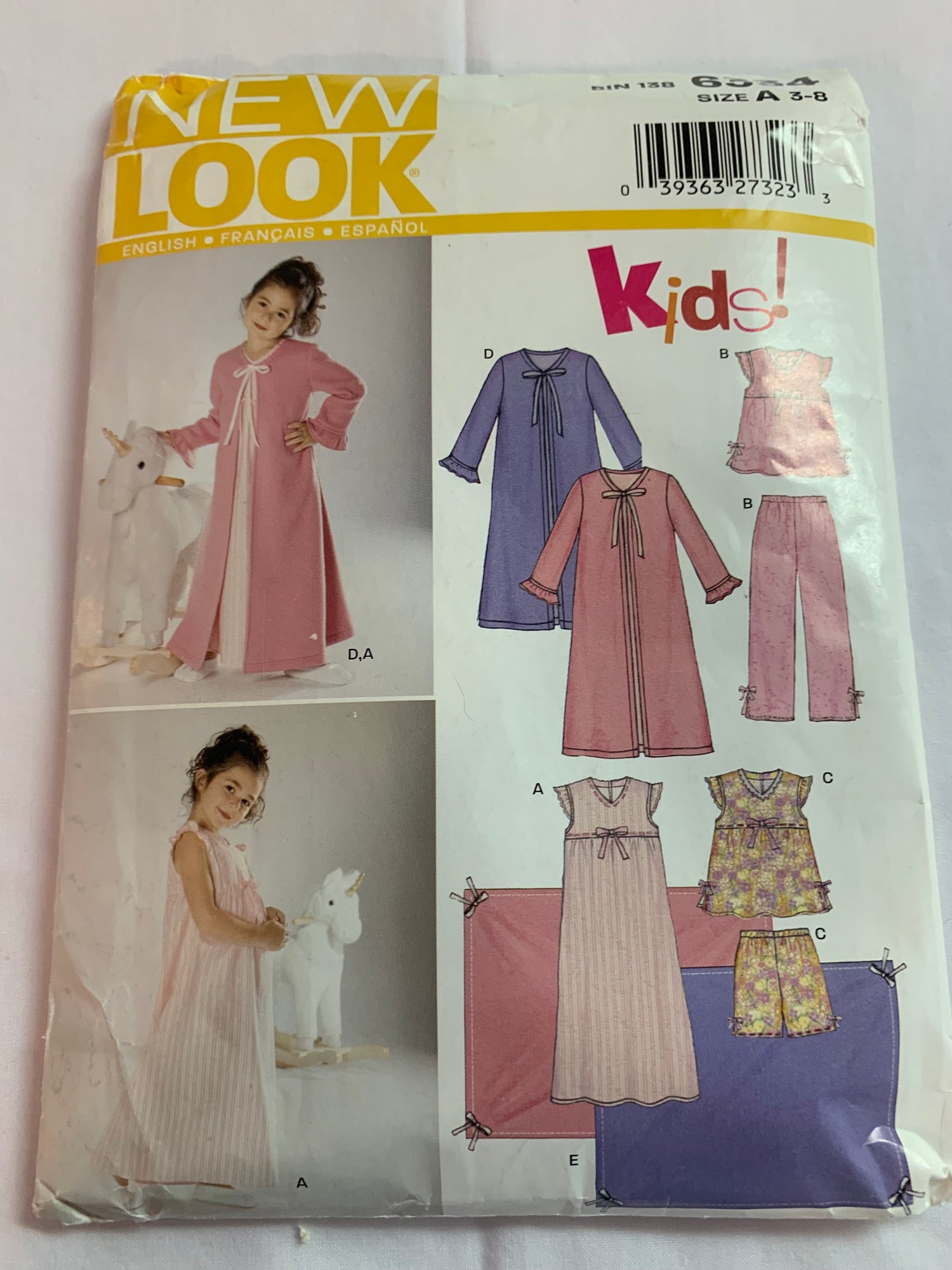 Simplicity New Look Sewing Pattern 6334 Toddlers' Girls' Pajamas, Top, Pants, Nightgown, Robe, Shorts, Size 3-8, Uncut, 2003