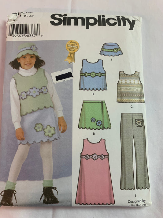 Simplicity Sewing Pattern 4834 Girls' Pull-On Pants, Top, Pullover Jumper/Vest, Skirt, Hat, Elastic Waistband Size 2-6X, Uncut, 2002