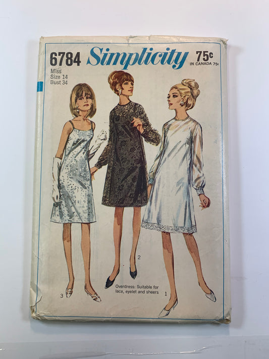 Simplicity 6784 Misses' Dress, Slip Dress, Size14, Uncut, Vintage 1966