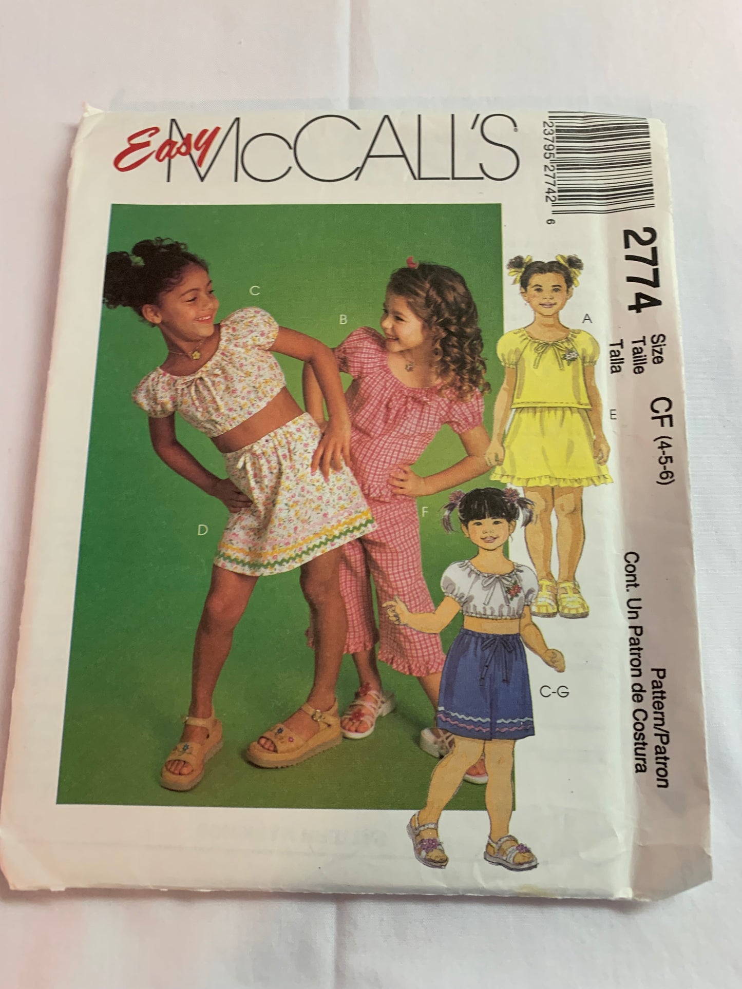 McCall's Sewing Pattern 2774 Children's/Girls' Top, Skirt, Capri Pants, Shorts, Short Puff Sleeves, Pull-On, Elastic Waist, Two Lengths, Size 4-6, Uncut, 2000