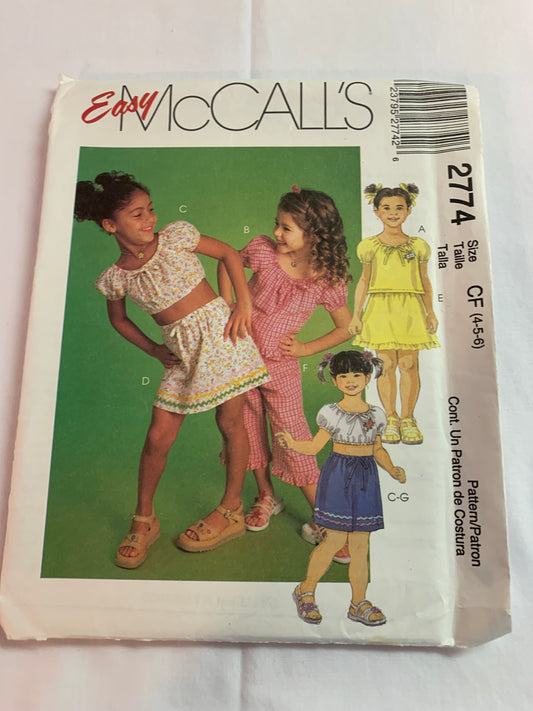 McCall's Sewing Pattern 2774 Children's/Girls' Top, Skirt, Capri Pants, Shorts, Short Puff Sleeves, Pull-On, Elastic Waist, Two Lengths, Size 4-6, Uncut, 2000
