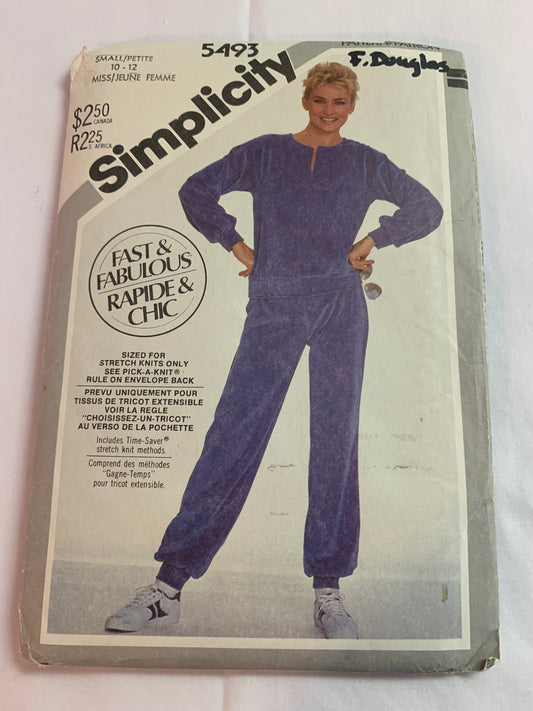 Simplicity Sewing Pattern 5493 Misses' Pullover Tops, Pull-On Pants, Elastic Waist, Long Sleeves, Size 10-12 Uncut, Vintage 1982