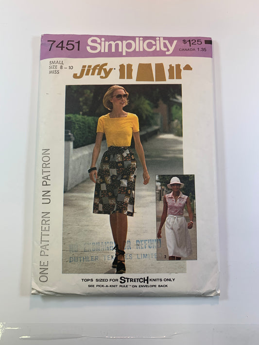 Simplicity 7451 Jiffy Misses' Wrap Skirt, Tops, Size 10-1, Uncut, Vintage 1976