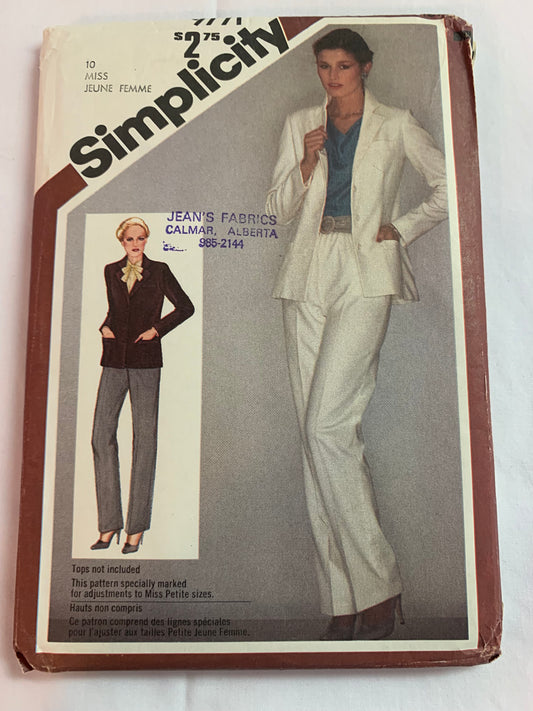 Simplicity 9771 Misses'/Misses' Petite Pants, Fitted Lined Jacket, Zipper Back, Pockets, Collar, Size 10, Uncut, Vintage 1980