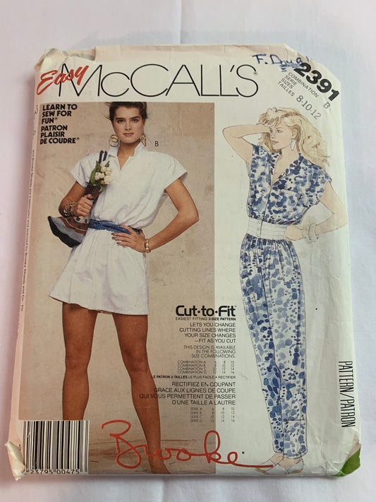 McCall's Sewing Pattern 2391 Misses' Jumpsuit, Sleeveless, Pockets, Two Lengths, Shoulder Pads, Size 8-12, Uncut, Vintage 1986