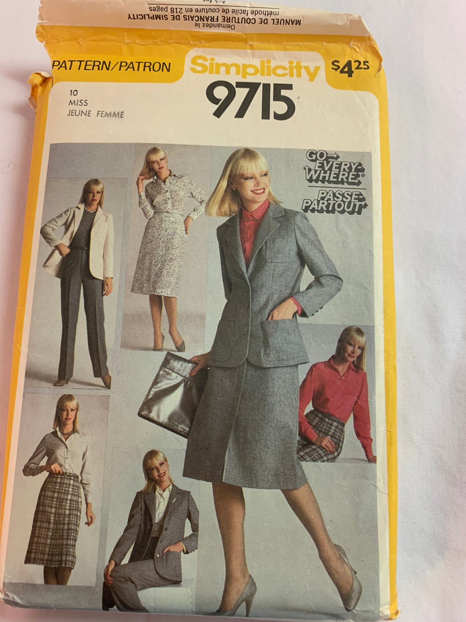 Simplicity Sewing Pattern 9715 Misses' Shirt, Skirt, Pants, Unlined Jacket, Button Front, Pockets, Collar, Zipper Front, Size 10, Cut, Vintage 1980
