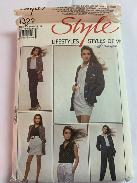 Style Sewing Pattern 1322 Misses' Unlined Jacket, Sleeveless Blouse, Skirt, Trousers, Pockets, Loose-Fitting, Elastic Waist, Size 8-12, Uncut, Vintage 1988