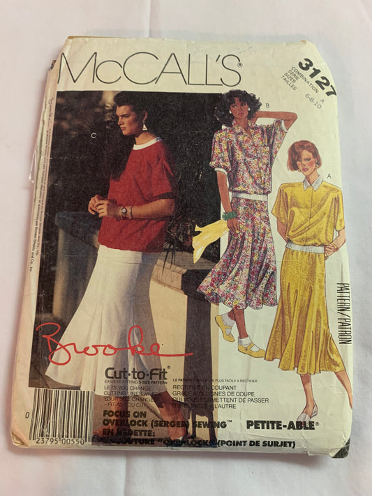 McCall's Sewing Pattern 3127 Misses' Tops, Skirt, Pullover, Shoulder Pads, Short Sleeves, Elastic Waist, Size 6-10, Uncut, Vintage 1987