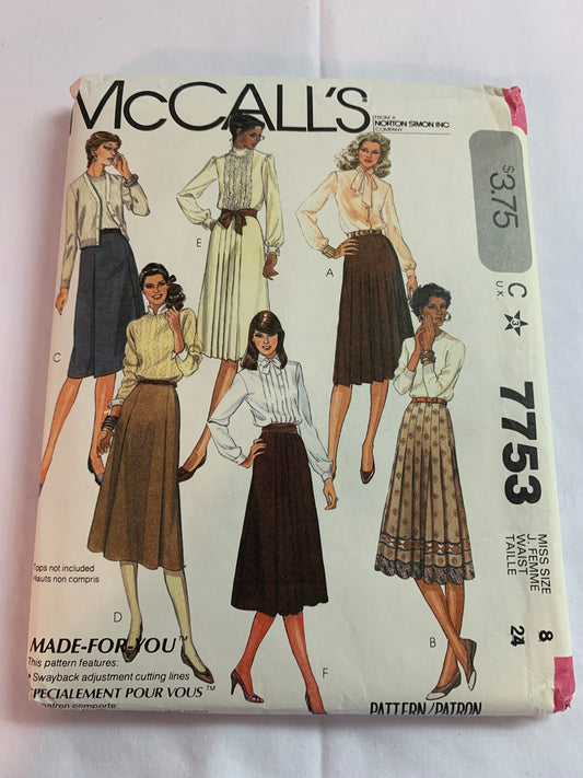 McCall's Sewing Pattern 7753 Misses' Skirt, Two Lengths, Waistline, Back Zipper, Pleats, Size 8-12, Uncut, Vintage 1999